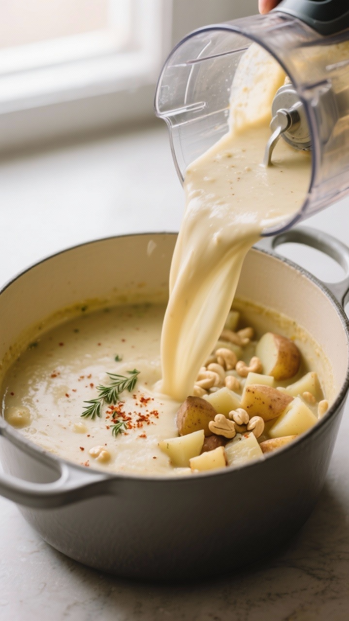 Creamy Vegan Potato Soup Blending for creaminess, action shot: Half the soup being poured back from a high-speed blender into