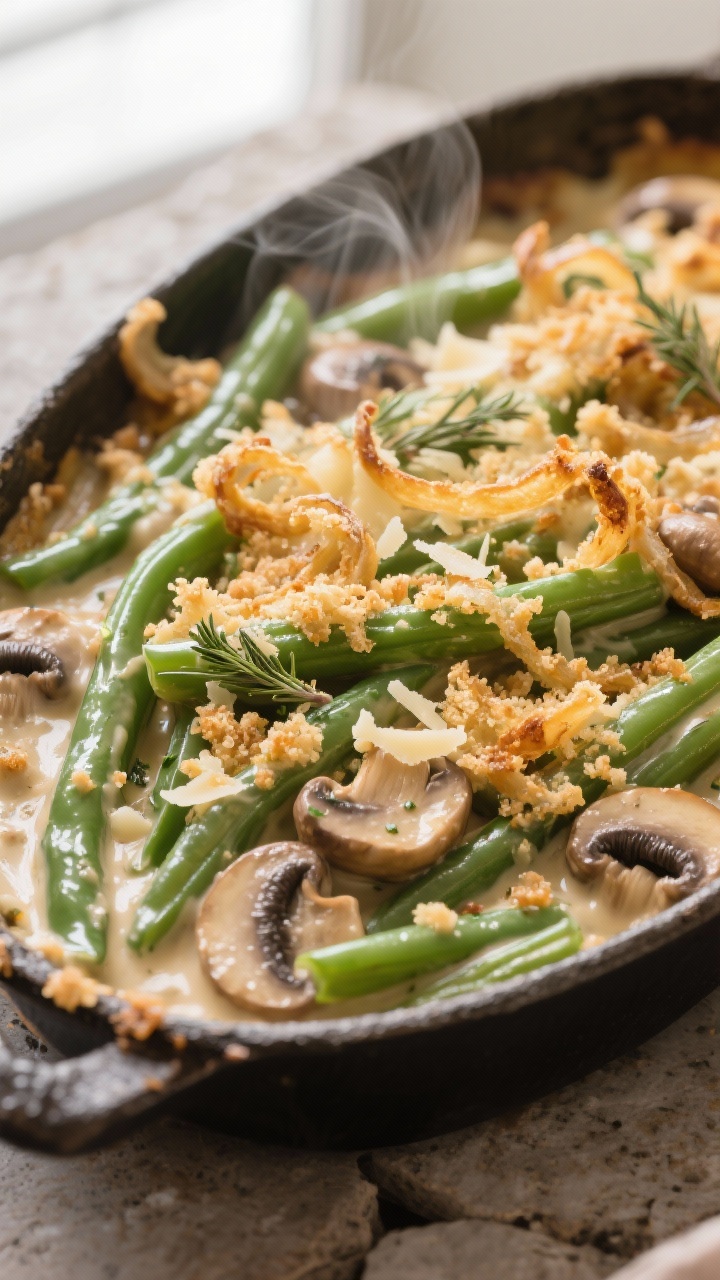 Close-up detail shot: bubbling green bean casserole just out of the oven, showing glossy, velvety mu