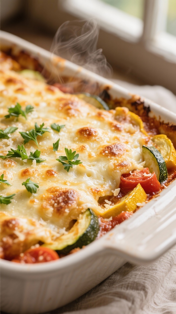 Close-up detail shot: Golden, melty top layer of the Healthy Baked Vegetable Casserole just out of t