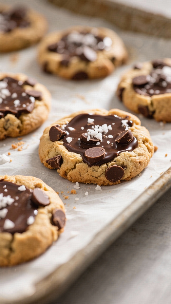 Close-up detail shot of freshly baked vegan chocolate chip cookies just out of the oven, edges light
