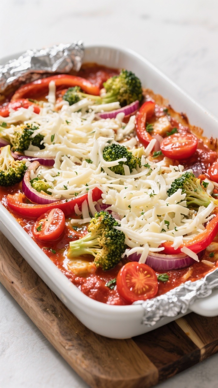 Cooking process shot: Overhead view of the casserole mid-bake step—foil just removed, a vibrant la