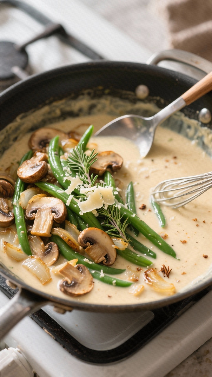Cooking process shot: overhead view of the creamy sauce stage in a wide skillet—mushrooms and onio