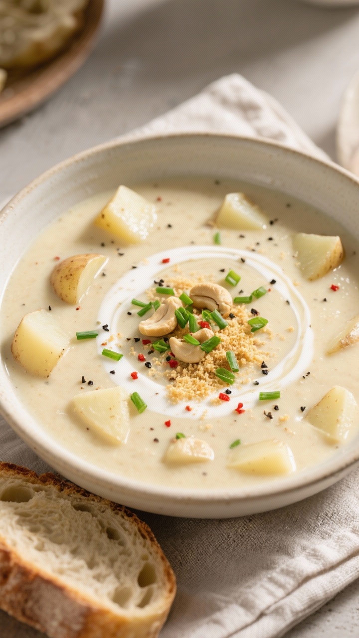 Creamy Vegan Potato Soup Final dish, tasty top view: Overhead shot of a bowl of Creamy Vegan Potato Soup with a perfectly bal