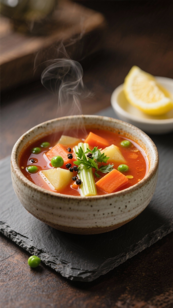 Final plated, beauty shot: A single rustic ceramic bowl filled with classic homemade vegetable soup,