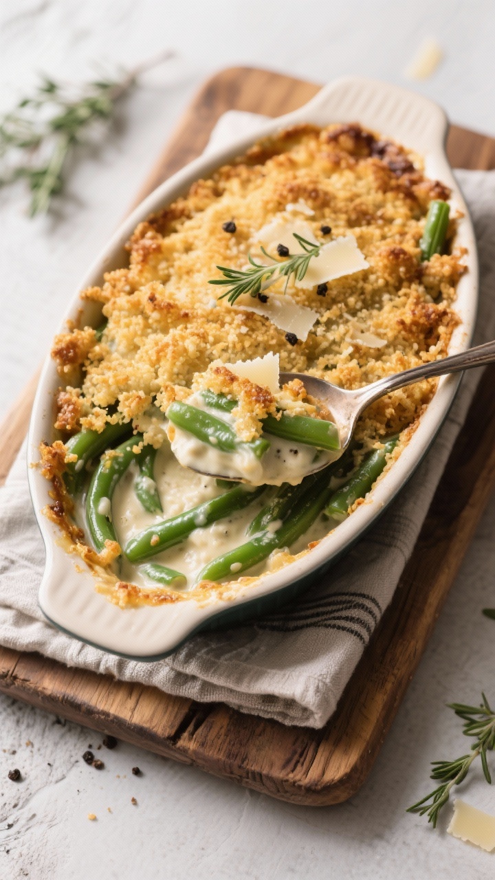 Final plated presentation: restaurant-quality serving of Classic Green Bean Casserole in a small ova