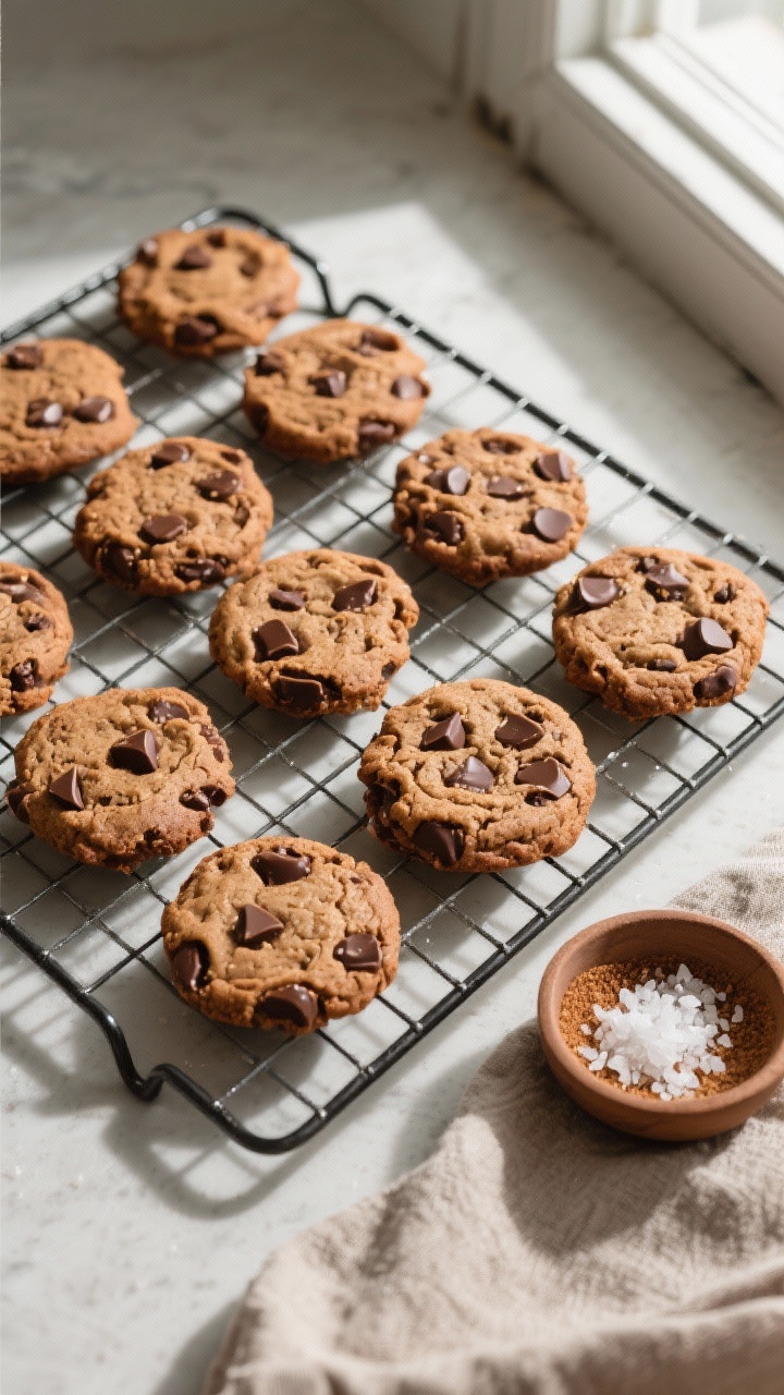 Overhead “tasty top view” of a cooling rack filled with evenly spaced vegan chocolate chip cooki