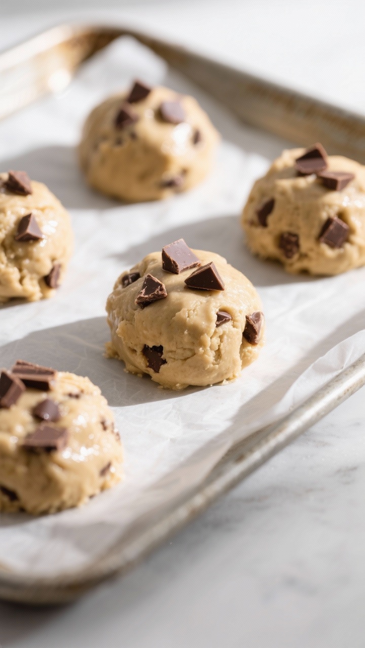Process shot: portioned dough balls of vegan chocolate chip cookie dough on a parchment-lined tray, 