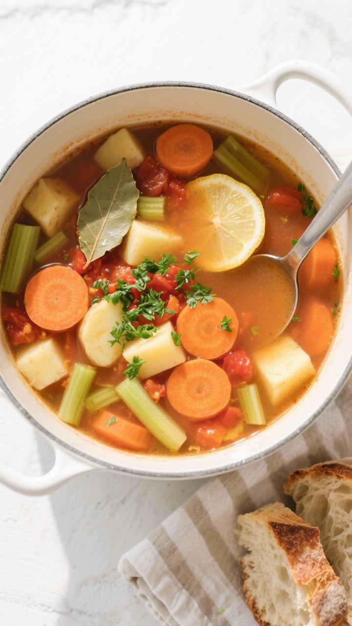 Tasty top view, overhead shot: Overhead shot of the finished vegetable soup in a wide, white enamel 
