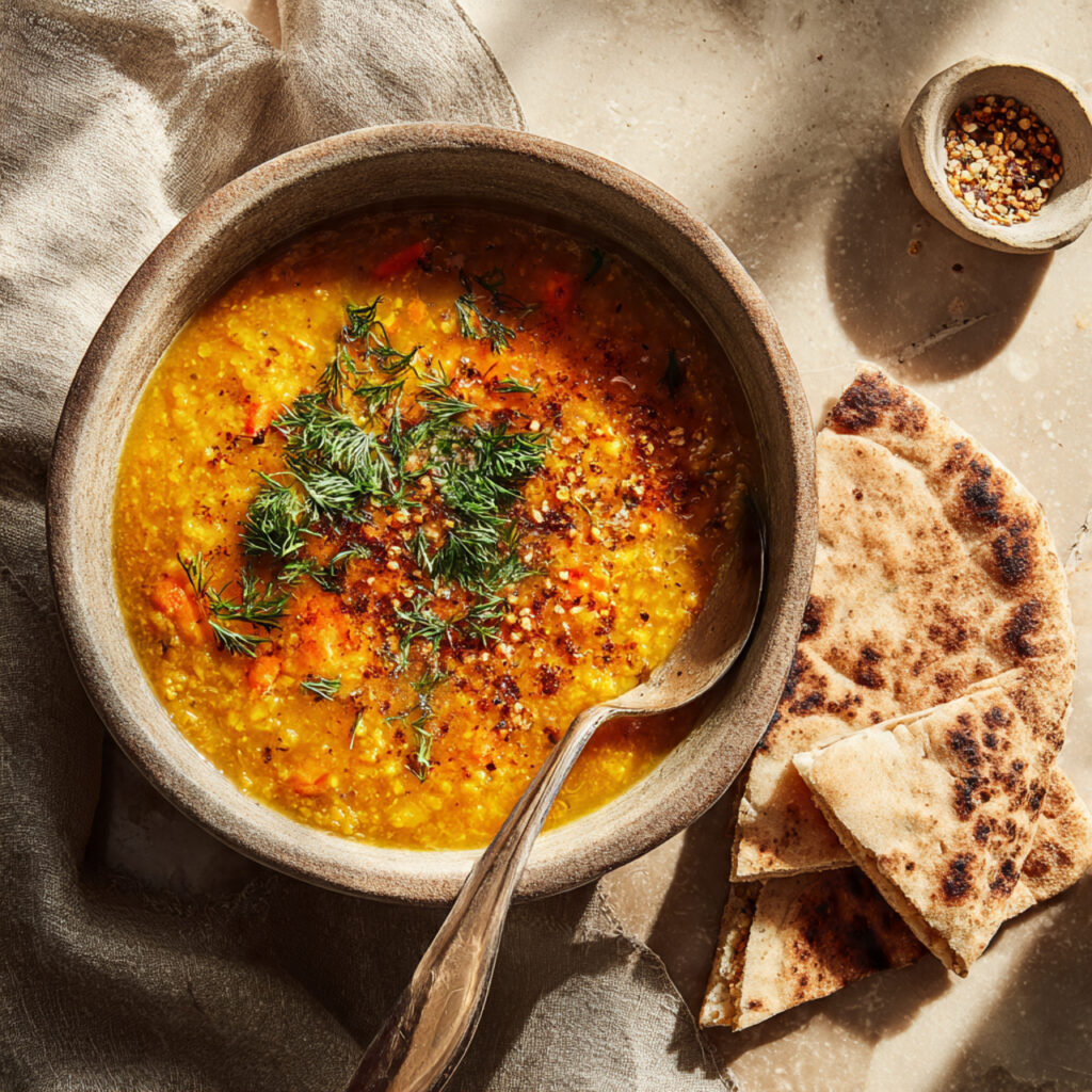 Red lentil and carrot soup served with pita bread on a dining table, warm and comforting plant-based meal