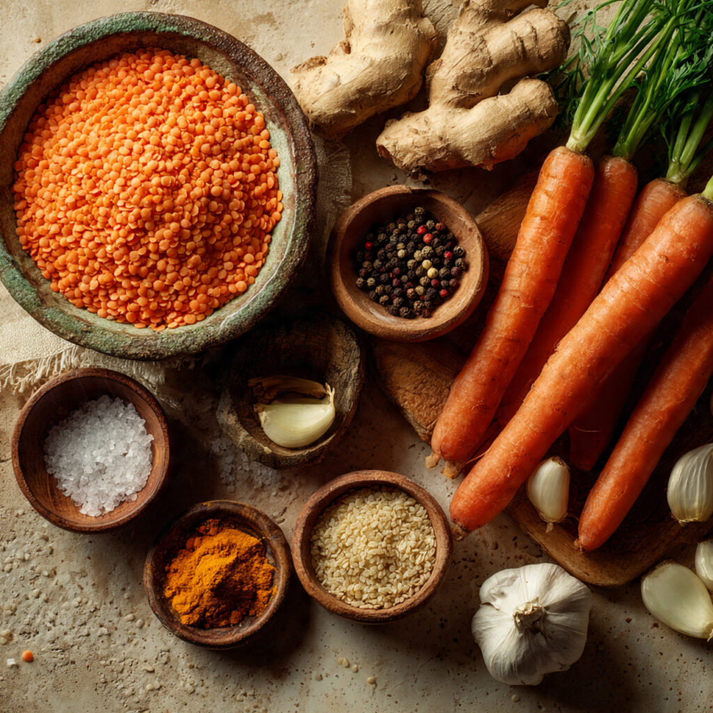 Red lentils, carrots, ginger and spices prepared for making creamy red lentil and carrot soup