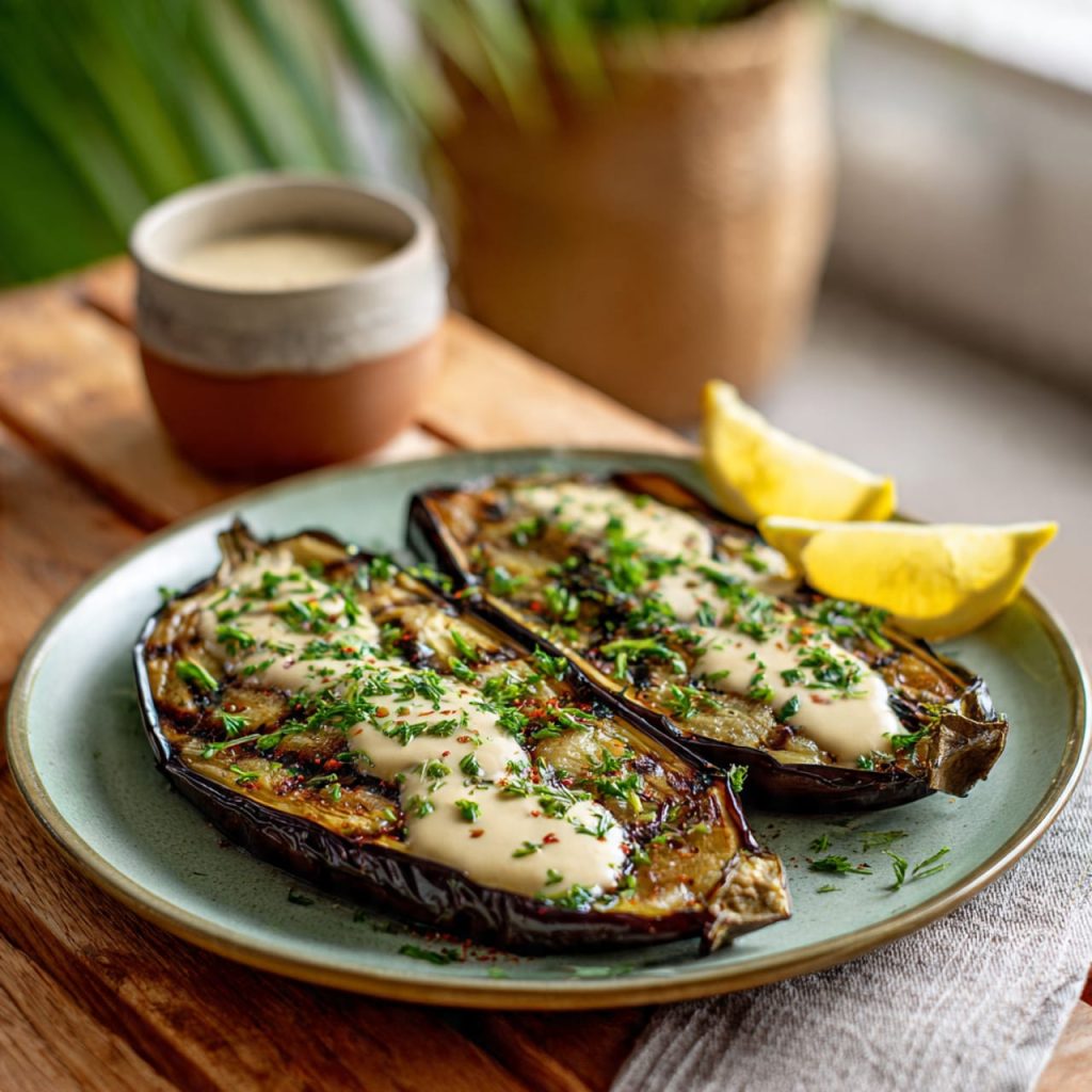 Roasted eggplant with lemon tahini sauce served as a homemade vegan Mediterranean dish