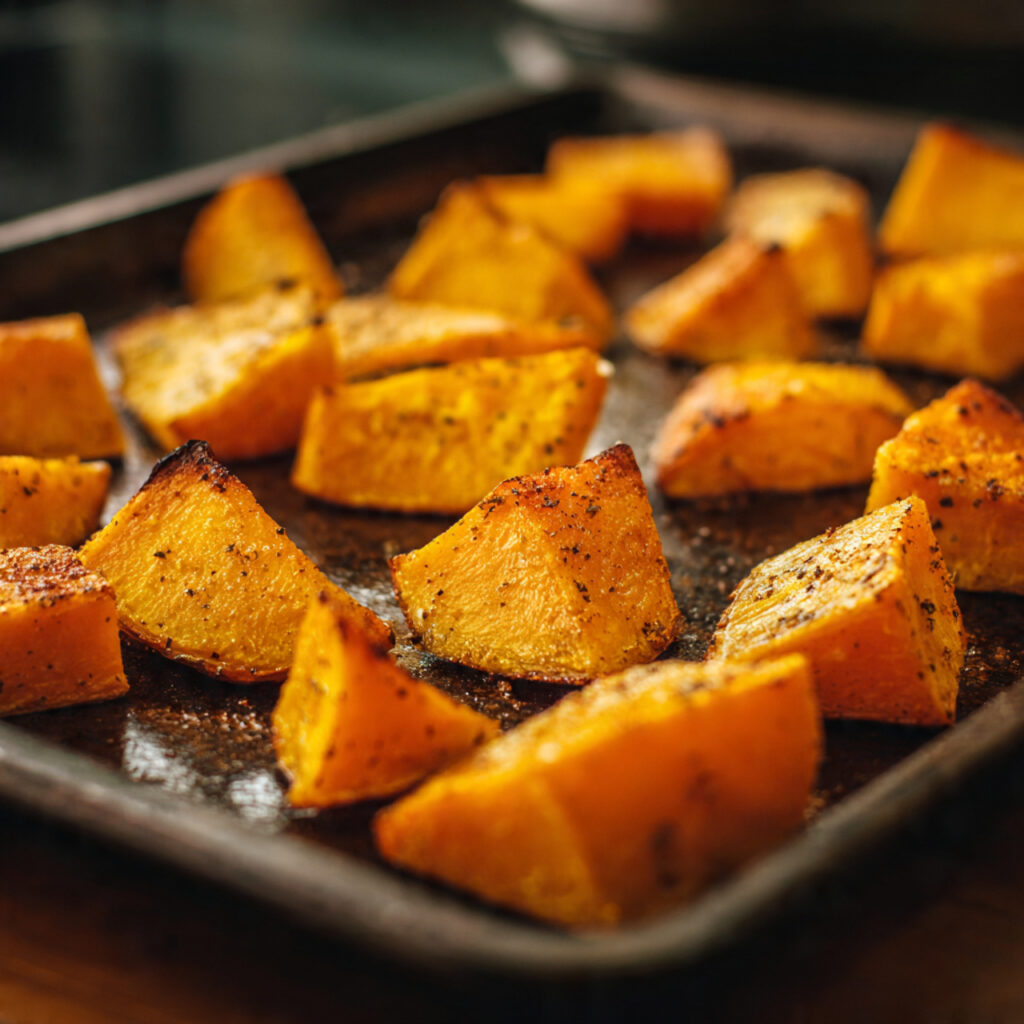 Roasted pumpkin pieces with lightly caramelized edges