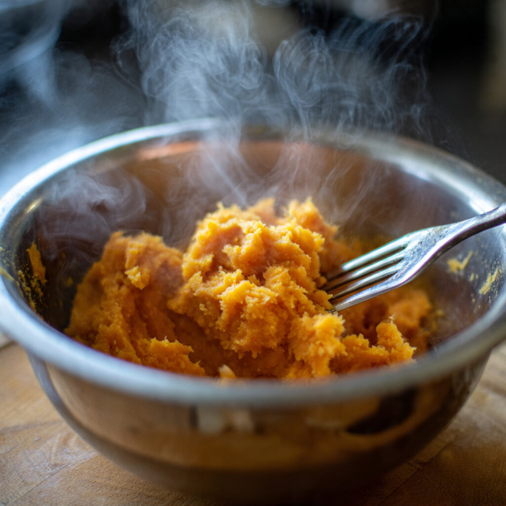 Mixing sweet potato cake batter with coconut milk and flours.