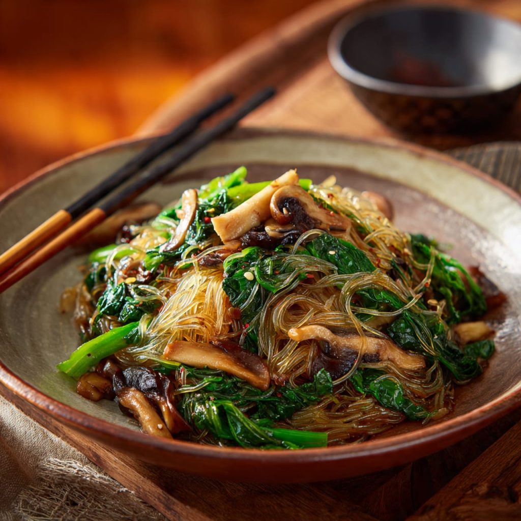 Stir-fried glass noodles with mushrooms and greens served on a ceramic plate, glossy texture and vibrant vegetables in a balanced Asian dish