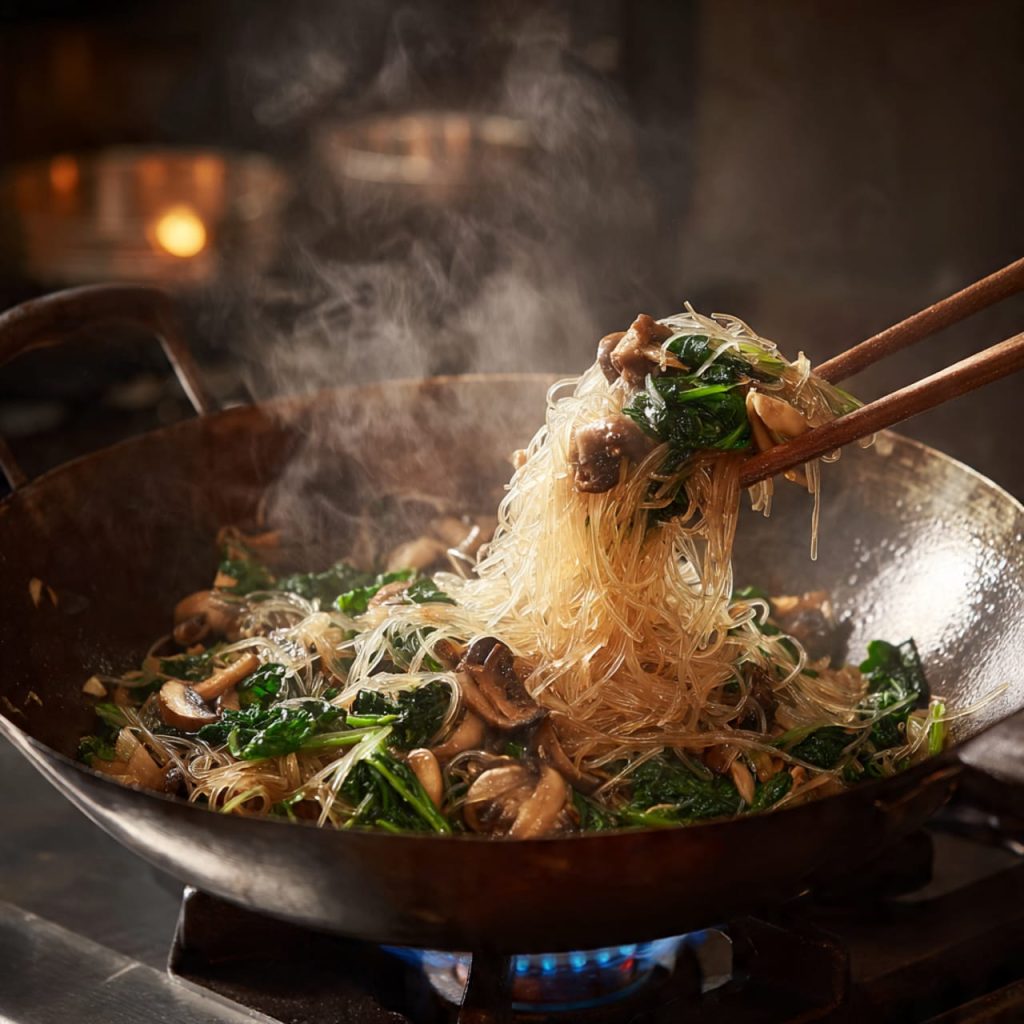 Glass noodles stir-fried with mushrooms and greens in a wok, showing traditional Asian high-heat cooking technique