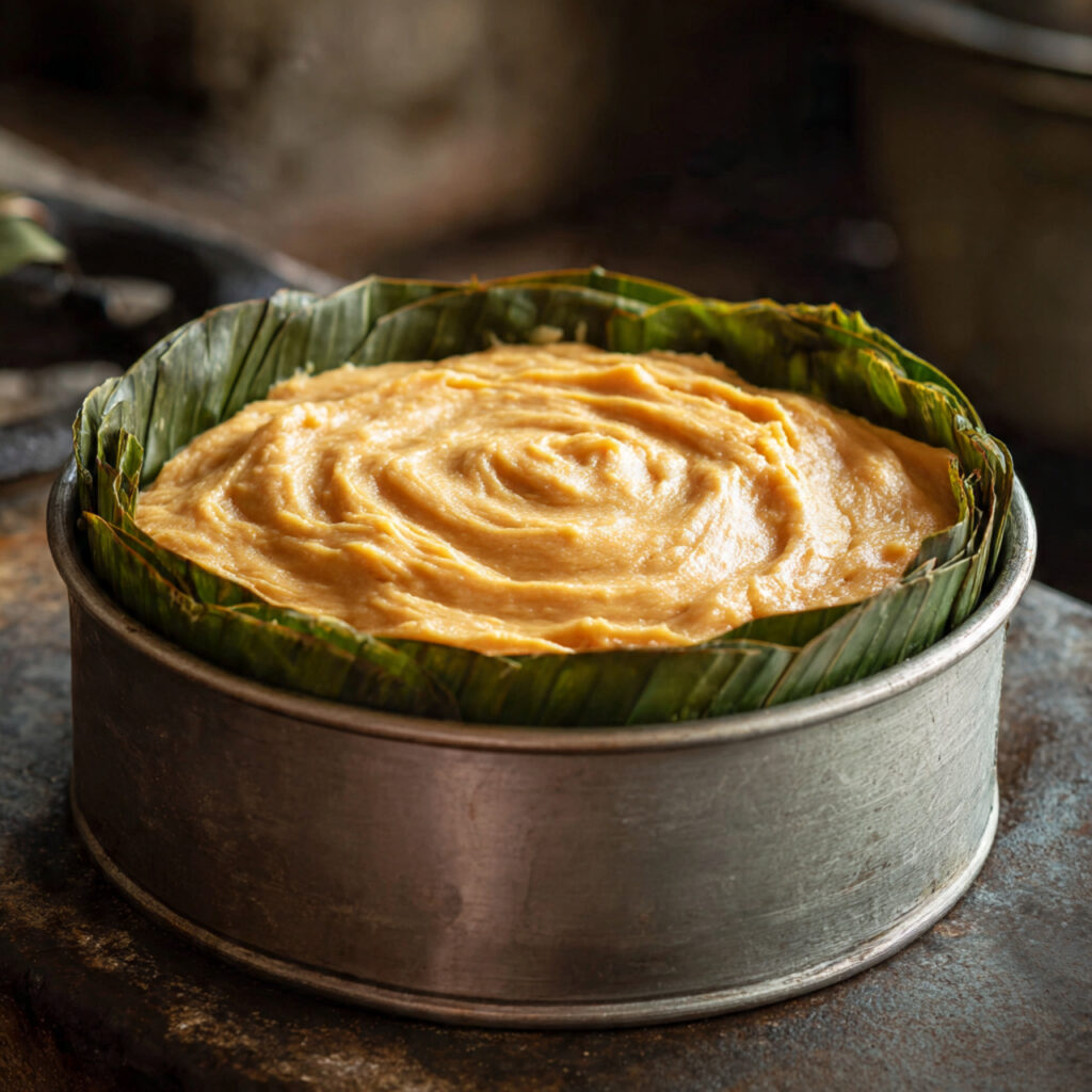 Sweet potato cake batter poured into mold lined with banana leaves before steaming.