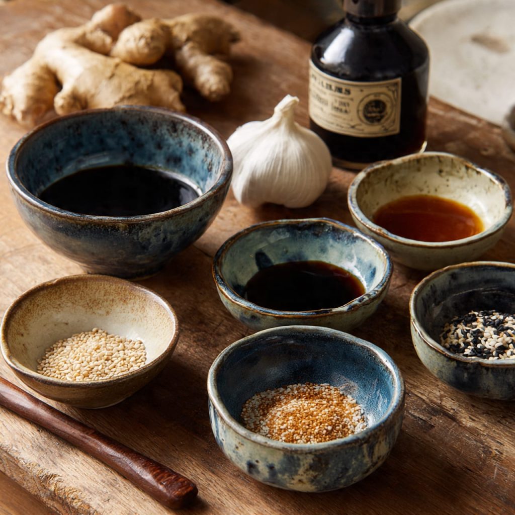 Tamari, mirin, and Japanese seasonings for mushroom edamame stir-fry