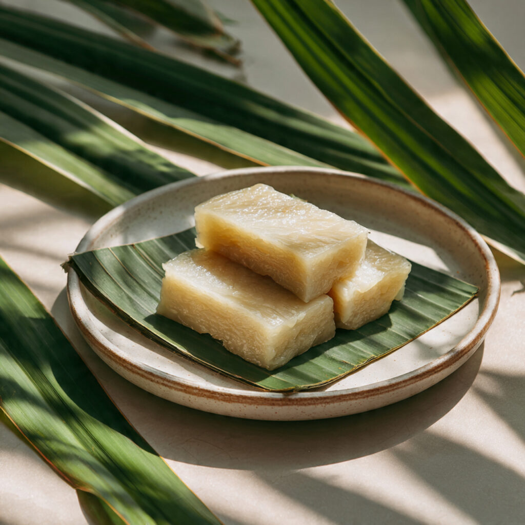 Traditional steamed mung bean cake with smooth texture, a minimalist and healthy Asian dessert.