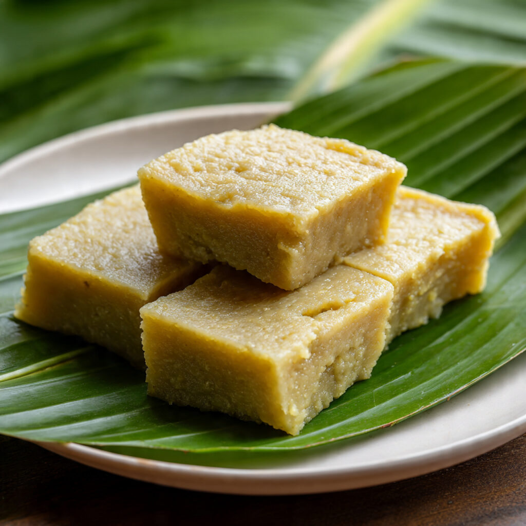 Traditional Vietnamese steamed mung bean cake with natural texture and banana leaf, homemade dessert.