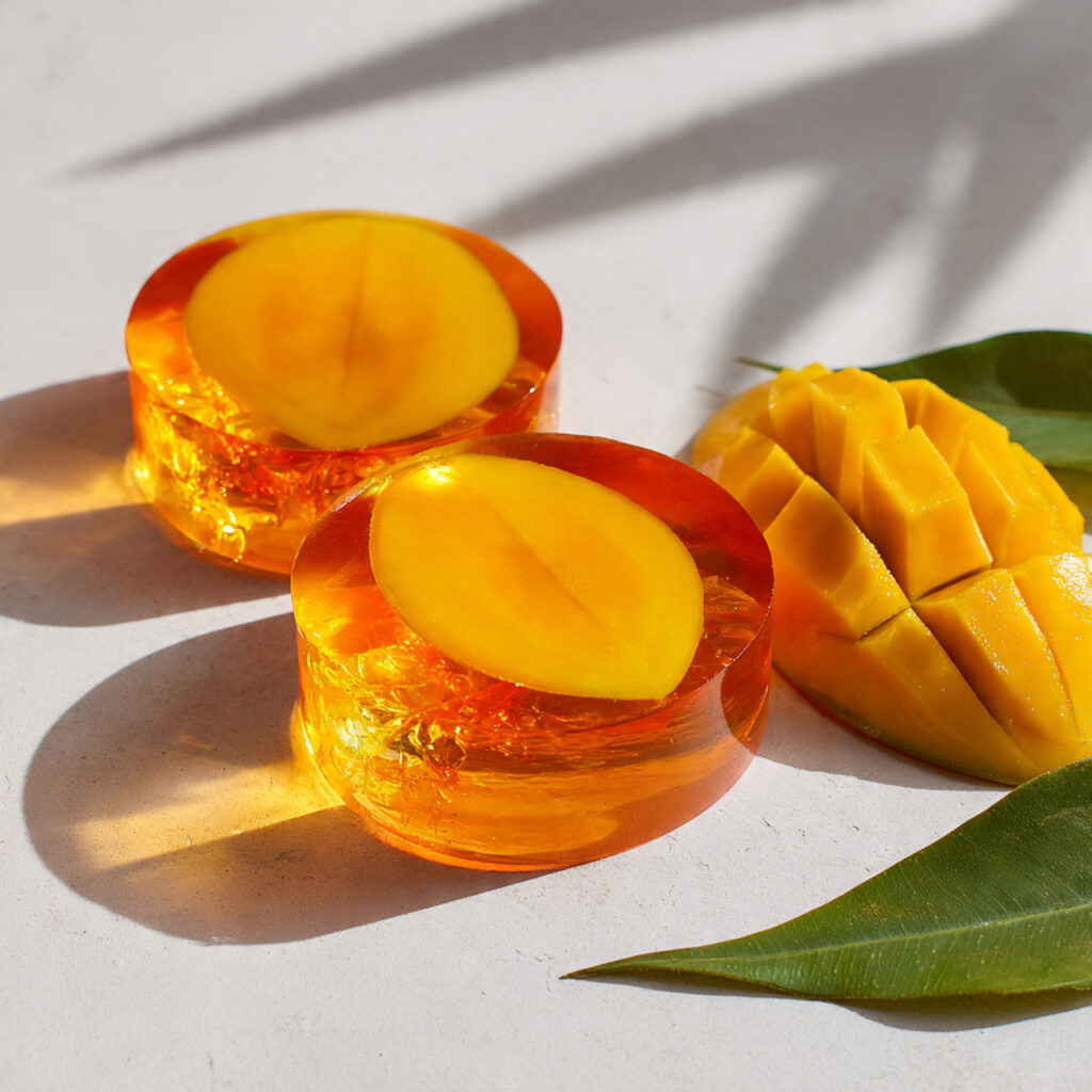 Vegan mango agar jelly with a crystal-clear golden texture, made from ripe mango and agar agar, styled in minimalist plant-based elegance
