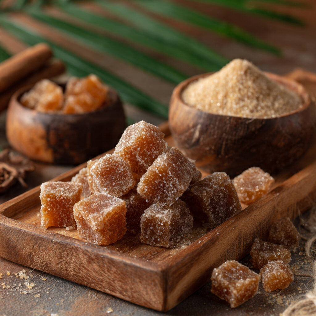 Unrefined palm sugar used for gentle sweetness in steamed mung bean cake.