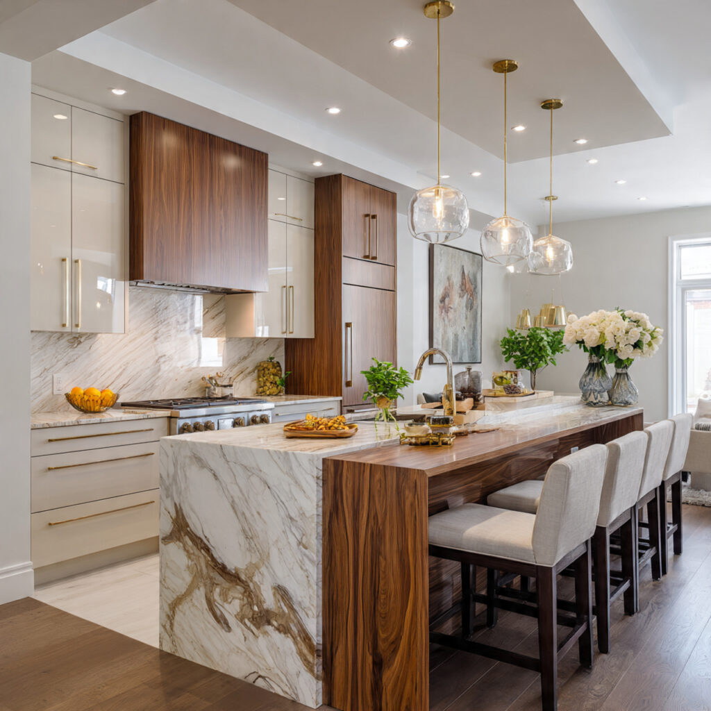 Bright and inviting windowless kitchen design achieved through lighting, color, and reflective materials.