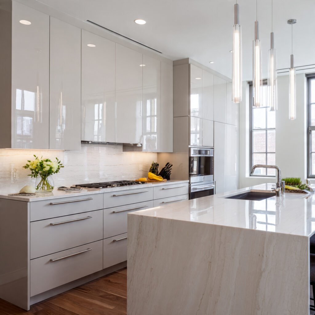 Light-colored cabinetry and reflective materials used to brighten a windowless kitchen.