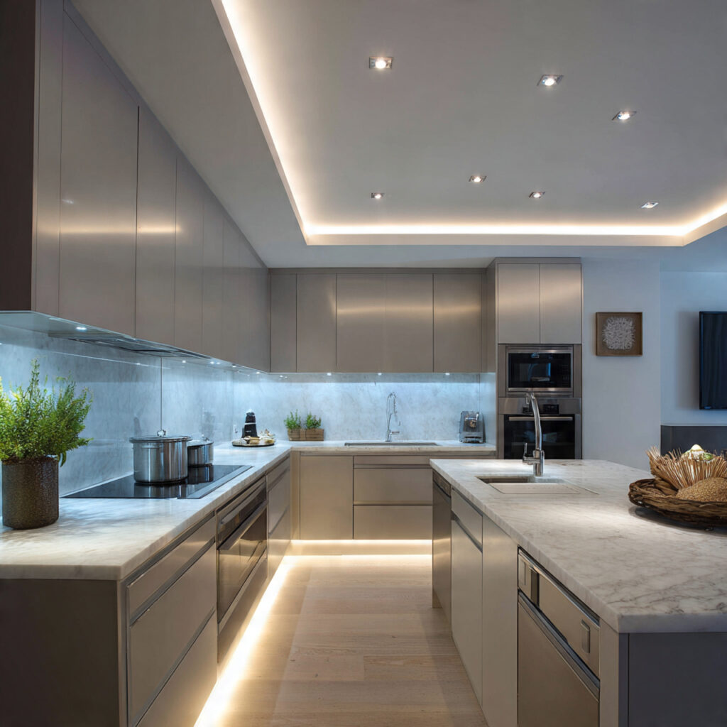 Layered lighting solutions in a windowless kitchen using recessed and under-cabinet lighting.