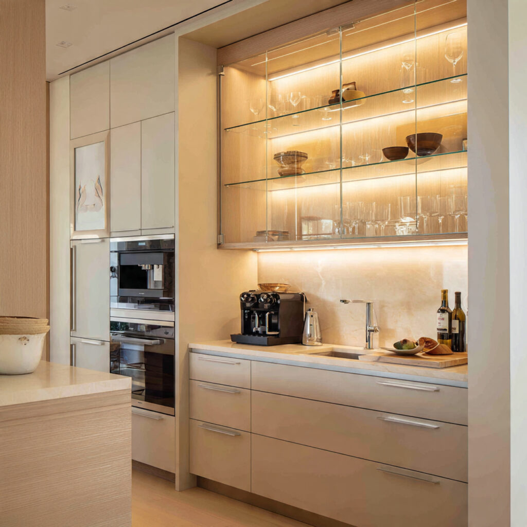 Glass-front kitchen cabinets with interior lighting enhancing brightness in a windowless kitchen.