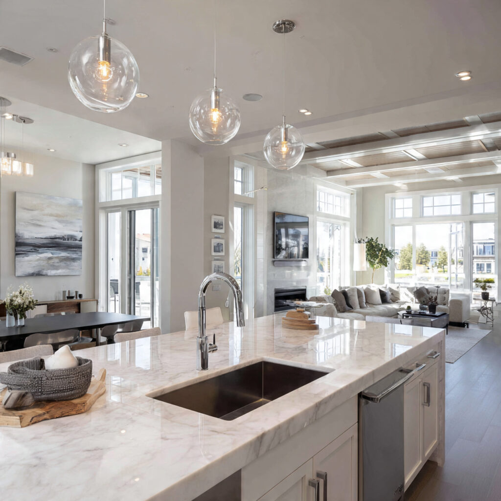 Island sink placement helping a windowless kitchen feel open and connected to surrounding spaces.