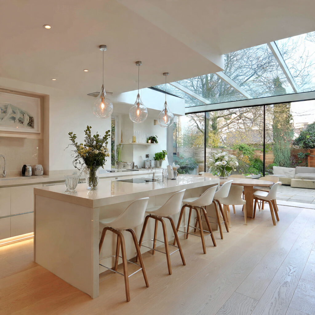 Open layout windowless kitchen borrowing light from adjacent living spaces.