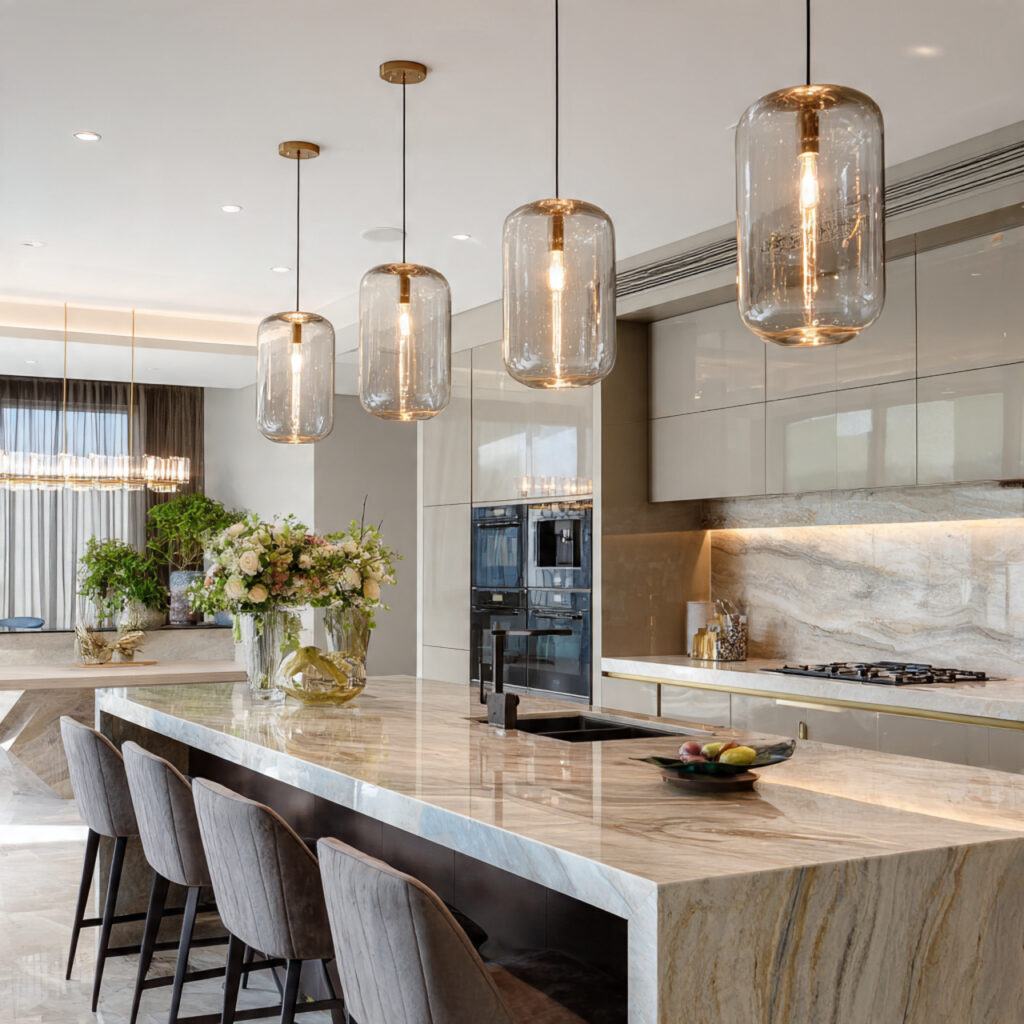 Statement pendant lights creating a focal point in a windowless kitchen.