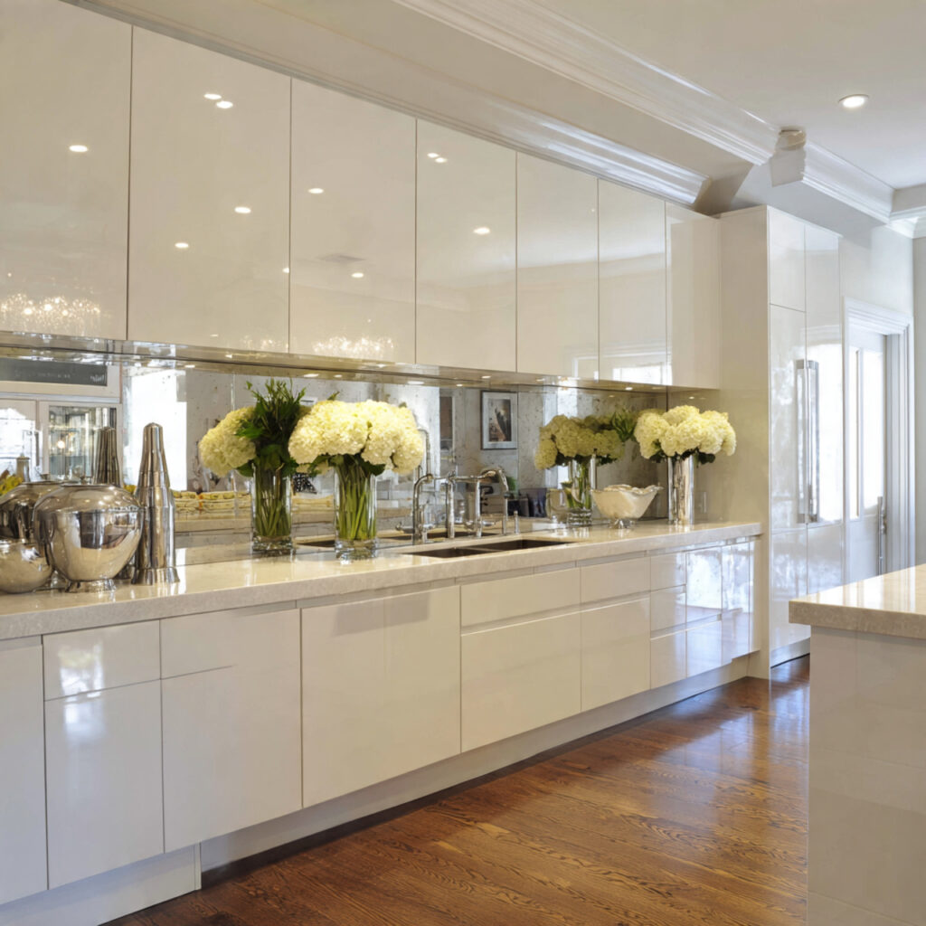 Mirrored backsplash and glossy surfaces creating the illusion of space in a windowless kitchen