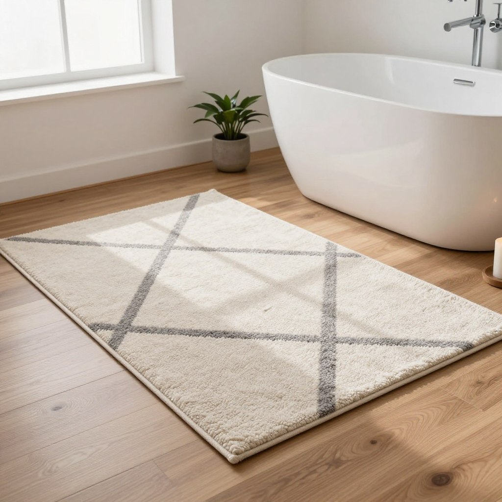 A Scandinavian-inspired minimalist bathroom rug, featuring soft, neutral tones of ivory, grey, and light beige. The rug's design showcases simple geometric patterns with a tufted texture, creating a cozy yet elegant look. In the foreground, the rug is placed on polished wooden floorboards, while a stylish freestanding bathtub and smooth white walls form the backdrop, enhanced with minimalistic decor like a potted plant and candles. Soft, natural lighting filters in from a frosted window, casting gentle shadows and highlighting the rug's details. The atmosphere is serene and inviting, embodying modern simplicity and comfort, perfect for a small bathroom space. A Scandinavian-inspired minimalist bathroom rug, featuring soft, neutral tones of ivory, grey, and light beige. The rug's design showcases simple geometric patterns with a tufted texture, creating a cozy yet elegant look. In the foreground, the rug is placed on polished wooden floorboards, while a stylish freestanding bathtub and smooth white walls form the backdrop, enhanced with minimalistic decor like a potted plant and candles. Soft, natural lighting filters in from a frosted window, casting gentle shadows and highlighting the rug's details. The atmosphere is serene and inviting, embodying modern simplicity and comfort, perfect for a small bathroom space.