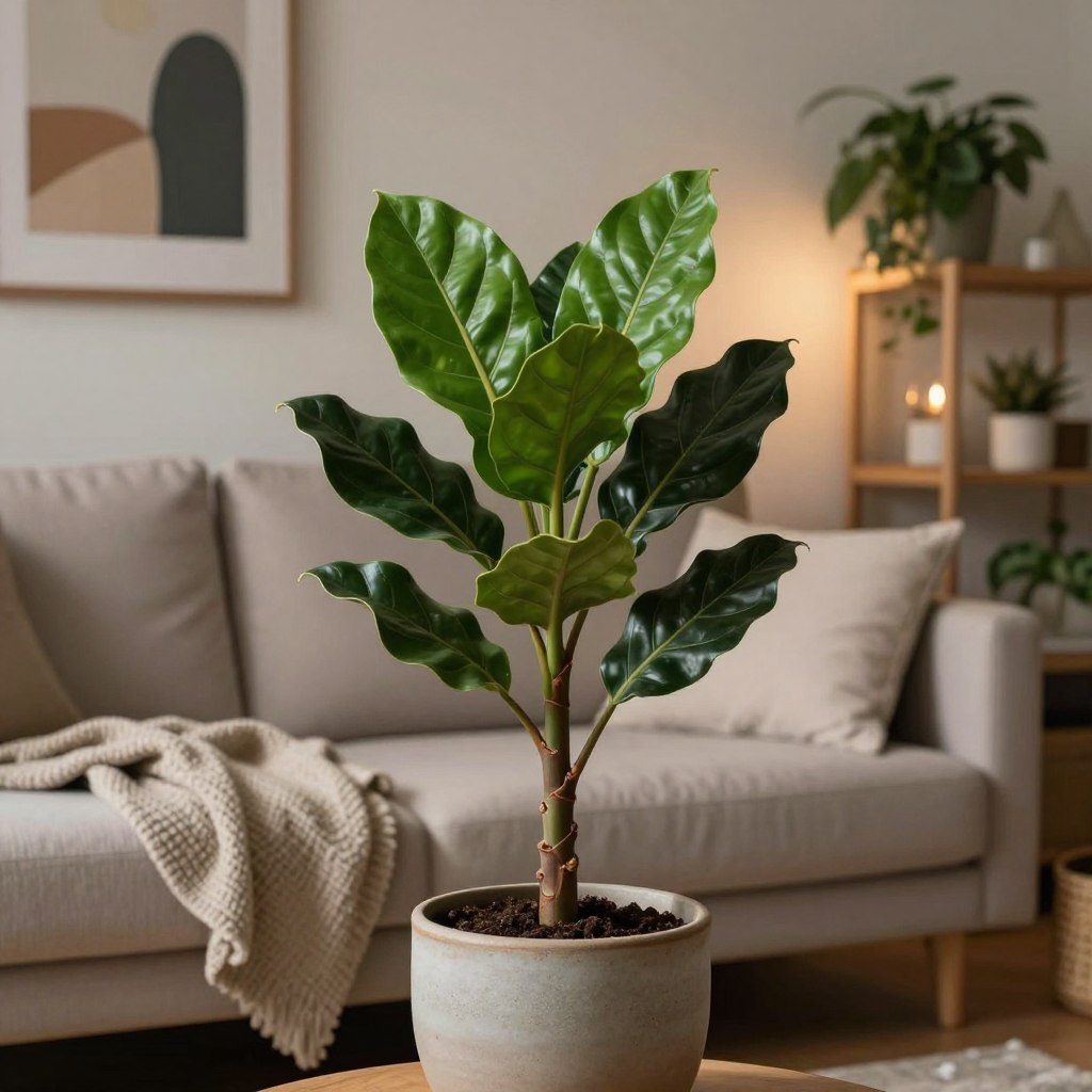 A ZZ Plant with glossy, deep green leaves thrives in a cozy low-light apartment living room. In the foreground, the plant's thick, wrinkled stems emanate from a stylish ceramic pot, adorned with a subtle texture that complements the surroundings. The middle ground features a plush, minimalistic couch draped with soft, neutral-toned throw blankets and cushions, creating a welcoming atmosphere. In the background, soft ambient lighting gently illuminates the space, highlighting a blend of modern artwork and lush greenery on a shelf nearby. A warm, inviting atmosphere envelops the scene as warm light sources create gentle shadows, enhancing the plant's vibrant color. The camera angle is slightly elevated, capturing the intimate and peaceful environment that showcases the ZZ Plant as the main focus of tranquility in this chic living room. A ZZ Plant with glossy, deep green leaves thrives in a cozy low-light apartment living room. In the foreground, the plant's thick, wrinkled stems emanate from a stylish ceramic pot, adorned with a subtle texture that complements the surroundings. The middle ground features a plush, minimalistic couch draped with soft, neutral-toned throw blankets and cushions, creating a welcoming atmosphere. In the background, soft ambient lighting gently illuminates the space, highlighting a blend of modern artwork and lush greenery on a shelf nearby. A warm, inviting atmosphere envelops the scene as warm light sources create gentle shadows, enhancing the plant's vibrant color. The camera angle is slightly elevated, capturing the intimate and peaceful environment that showcases the ZZ Plant as the main focus of tranquility in this chic living room.