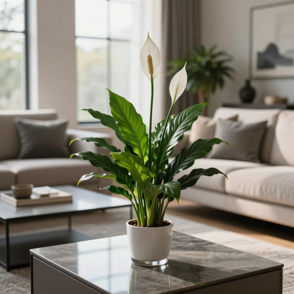 A beautifully arranged Peace Lily plant with lush green leaves and stunning white blooms stands elegantly on a sleek, modern coffee table in a sophisticated living room. In the foreground, the glossy surface of the table reflects the plant's delicate flowers. The middle ground features plush, neutral-toned sofas adorned with decorative pillows, and a stylish area rug adds warmth to the space. In the background, large windows allow soft, natural light to filter in, casting gentle shadows that enhance the serene atmosphere. The room’s decor is minimalistic yet chic, with tasteful art pieces and potted plants, creating a harmonious blend of comfort and sophistication. The image is framed with a slight depth of field, ensuring the Peace Lily remains the focal point, radiating an aura of tranquility and elegance. A beautifully arranged Peace Lily plant with lush green leaves and stunning white blooms stands elegantly on a sleek, modern coffee table in a sophisticated living room. In the foreground, the glossy surface of the table reflects the plant's delicate flowers. The middle ground features plush, neutral-toned sofas adorned with decorative pillows, and a stylish area rug adds warmth to the space. In the background, large windows allow soft, natural light to filter in, casting gentle shadows that enhance the serene atmosphere. The room’s decor is minimalistic yet chic, with tasteful art pieces and potted plants, creating a harmonious blend of comfort and sophistication. The image is framed with a slight depth of field, ensuring the Peace Lily remains the focal point, radiating an aura of tranquility and elegance.