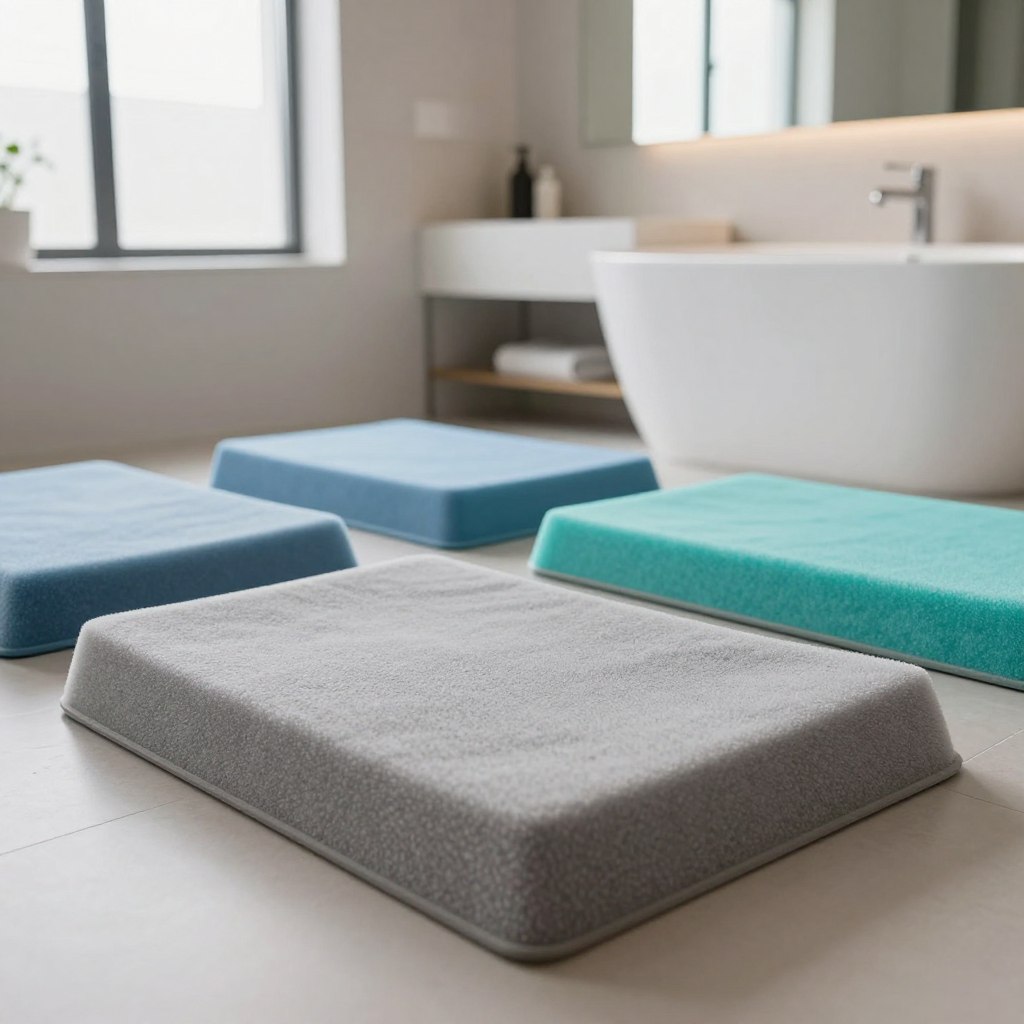 A beautifully arranged bathroom scene featuring quick-dry memory foam mats, showcasing a variety of colors such as soft gray, calming blue, and vibrant aqua. In the foreground, focus on a plush, thick memory foam mat with a textured surface, positioned elegantly in front of a sleek bathtub. The middle ground displays a modern, minimalist bathroom with stylish fixtures and a large mirror reflecting light. In the background, soft natural light filters through frosted glass windows, creating a serene and inviting atmosphere. The composition should highlight the comfort and contemporary design of the mats, evoking a sense of warmth and relaxation, suitable for small spaces. Use a soft focus lens effect to enhance the calming mood, emphasizing the luxurious feel of the memory foam material. A beautifully arranged bathroom scene featuring quick-dry memory foam mats, showcasing a variety of colors such as soft gray, calming blue, and vibrant aqua. In the foreground, focus on a plush, thick memory foam mat with a textured surface, positioned elegantly in front of a sleek bathtub. The middle ground displays a modern, minimalist bathroom with stylish fixtures and a large mirror reflecting light. In the background, soft natural light filters through frosted glass windows, creating a serene and inviting atmosphere. The composition should highlight the comfort and contemporary design of the mats, evoking a sense of warmth and relaxation, suitable for small spaces. Use a soft focus lens effect to enhance the calming mood, emphasizing the luxurious feel of the memory foam material.