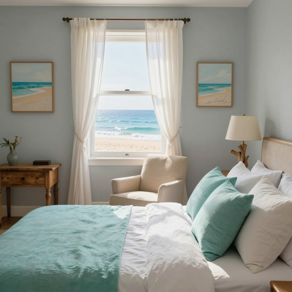 A beautifully arranged bedroom inspired by coastal color palettes, featuring a calming mix of soft sand, seafoam green, and sky blue hues. In the foreground, a neatly made bed adorned with linen and cotton cushions in shades of turquoise and cream, accompanied by a rustic wooden nightstand holding a driftwood lamp. The middle layer showcases a cozy armchair upholstered in light beige fabric, positioned by a window with sheer white curtains draping lightly in a gentle ocean breeze. In the background, a wall painted in soft sea salt gray complements framed artwork depicting serene beach scenes. Warm, diffused sunlight streams through the window, casting a tranquil glow, evoking a peaceful seaside retreat. The atmosphere is serene and inviting, perfect for a beach cottage bedroom.