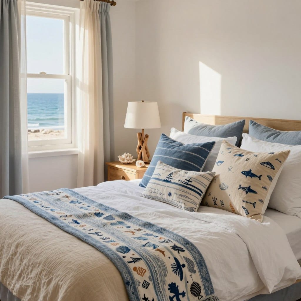A beautifully arranged coastal bedroom with vibrant textiles and linens, showcasing a soothing color palette of soft blues, sandy beiges, and crisp whites. In the foreground, a neatly made bed features layered cushions and throws adorned with nautical patterns and sea life motifs. The middle ground includes a bedside table with decorative items like seashells and a driftwood lamp. The background reveals a window with light sheer curtains, allowing warm, natural sunlight to filter through, casting gentle shadows. Capturing the inviting atmosphere, the scene feels breezy and serene, reminiscent of a coastal retreat. The image should be shot with a wide-angle lens to encompass the cozy space and enhance the airy vibe.