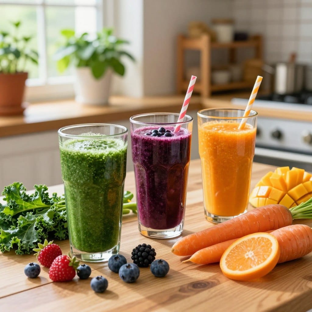 A beautifully arranged collection of seasonal anti-aging smoothies on a wooden table, featuring vibrant colors and fresh ingredients. In the foreground, show three tall glass jars filled with different smoothies: a bright green kale and cucumber blend, a deep purple berry mix, and a luscious orange carrot and mango smoothie. Surround the glasses with fresh fruits and vegetables scattered artfully, like ripe berries, leafy greens, and sliced citrus. In the background, softly blurred, display a sunlit kitchen with herbs on windowsills and wooden shelves. Utilize natural lighting to create a warm, inviting atmosphere, highlighting the freshness and vitality of the ingredients. Capture the scene from a slightly elevated angle for an appealing perspective.