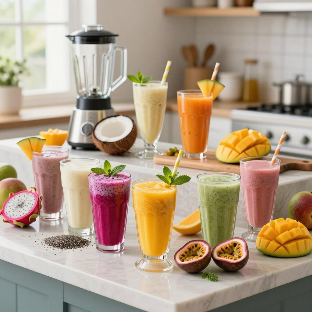 A beautifully arranged countertop featuring a variety of exotic fruit smoothie recipes. In the foreground, a vibrant array of smoothies in colorful glasses garnished with fresh fruits like dragon fruit, mango, and passion fruit. Each smoothie showcases different textures and colors, inviting the viewer to explore. The middle layer includes ingredients like coconut, chia seeds, and mint leaves artfully displayed, along with a blender and a cutting board with sliced fruits. The background is softly blurred, depicting a bright and airy kitchen with natural light streaming in, creating a warm, inviting atmosphere. The overall mood is refreshing and lively, perfect for a summer party, with a focus on the artistry of crafting delicious fruit smoothies.