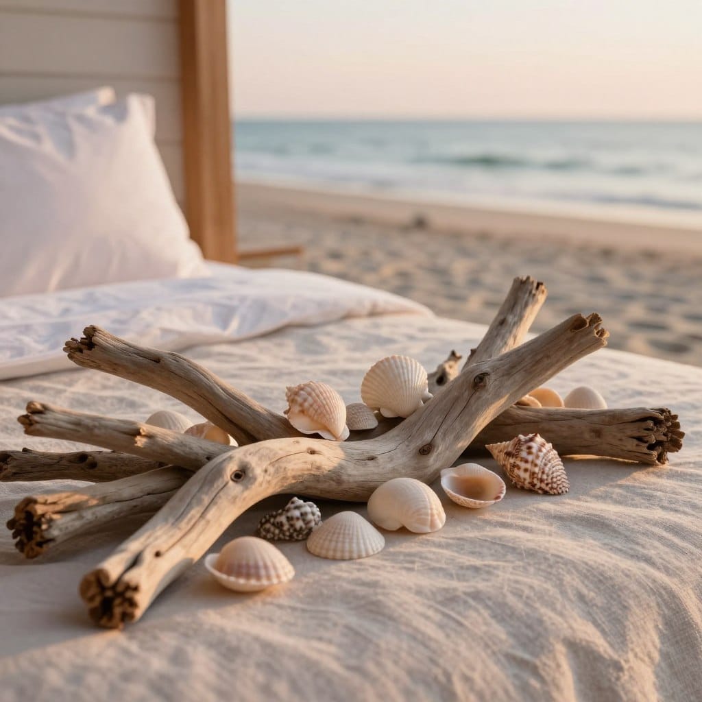 A beautifully arranged display of driftwood and seashells as decor for a beach cottage bedroom. In the foreground, weathered driftwood pieces are intricately intertwined with an assortment of smooth, colorful seashells, capturing the essence of the ocean. In the middle ground, a soft, neutral-toned linen fabric serves as a base, enhancing the natural colors of the wood and shells. The background features a serene beach scene with soft pastel hues, subtly blurred to create depth. The lighting is warm and inviting, mimicking the golden hour, casting gentle shadows and highlights that bring out the textures of the driftwood and shells. The overall mood is tranquil and serene, evoking a sense of peace and connection to nature.