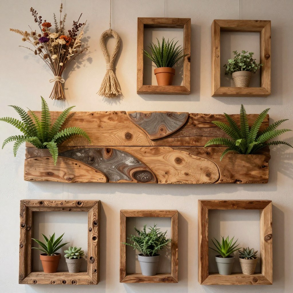 A beautifully arranged display of sustainable wall decor made from reclaimed wood, featuring a variety of natural elements such as dried flowers, green ferns, and textured twine. In the foreground, intricate wooden frames hold miniature potted plants, showcasing the combination of rustic charm and modern design. The middle layer highlights a large, eye-catching piece crafted from aged wood panels, harmonized with organic shapes and subtle color variations. The background showcases a lightly textured wall in soft, neutral tones that enhances the overall aesthetic. The lighting is warm and inviting, casting soft shadows to create depth, with a gentle focus that emphasizes the beauty of the materials. The mood is tranquil and earthy, conveying a sense of sustainability and modern elegance. A beautifully arranged display of sustainable wall decor made from reclaimed wood, featuring a variety of natural elements such as dried flowers, green ferns, and textured twine. In the foreground, intricate wooden frames hold miniature potted plants, showcasing the combination of rustic charm and modern design. The middle layer highlights a large, eye-catching piece crafted from aged wood panels, harmonized with organic shapes and subtle color variations. The background showcases a lightly textured wall in soft, neutral tones that enhances the overall aesthetic. The lighting is warm and inviting, casting soft shadows to create depth, with a gentle focus that emphasizes the beauty of the materials. The mood is tranquil and earthy, conveying a sense of sustainability and modern elegance.