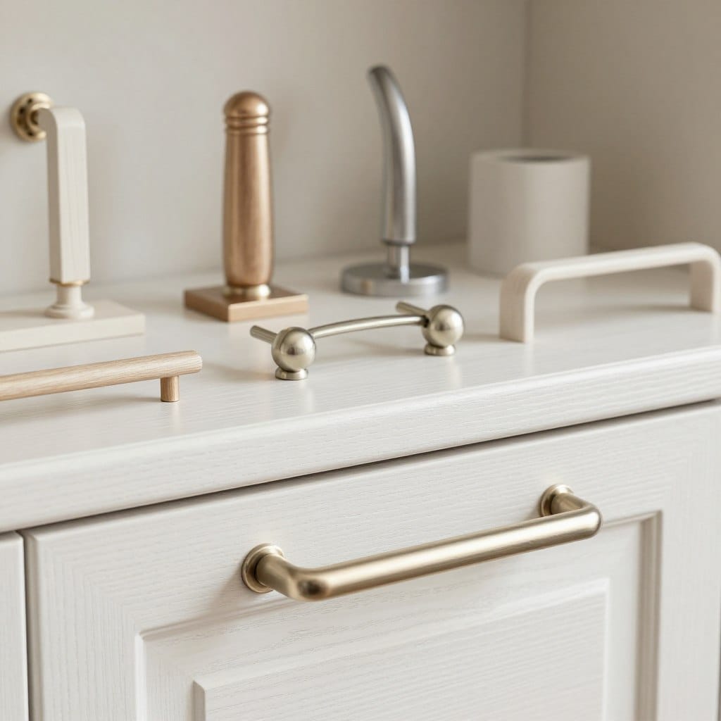 A beautifully arranged display of various white oak cabinetry hardware selections, featuring elegant cabinet handles, knobs, and pulls. In the foreground, a close-up of a brushed nickel handle set against a lightly textured white oak surface. The middle layer showcases an assortment of hardware styles, including traditional, modern, and minimalist options, artistically arranged on a soft, neutral background. The background subtly fades to a warm, light gray, enhancing the natural grains of the wood. The lighting is soft and diffused, creating gentle shadows that highlight the unique finishes and details of each piece. The overall mood is sophisticated and inviting, reflecting a harmonious balance of elegance and functionality, perfect for a modern kitchen aesthetic.