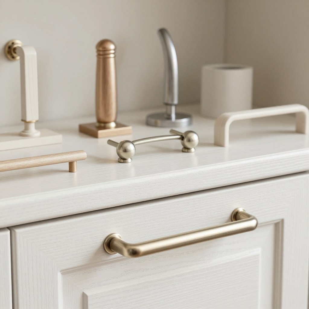 A beautifully arranged display of various white oak cabinetry hardware selections, featuring elegant cabinet handles, knobs, and pulls. In the foreground, a close-up of a brushed nickel handle set against a lightly textured white oak surface. The middle layer showcases an assortment of hardware styles, including traditional, modern, and minimalist options, artistically arranged on a soft, neutral background. The background subtly fades to a warm, light gray, enhancing the natural grains of the wood. The lighting is soft and diffused, creating gentle shadows that highlight the unique finishes and details of each piece. The overall mood is sophisticated and inviting, reflecting a harmonious balance of elegance and functionality, perfect for a modern kitchen aesthetic.