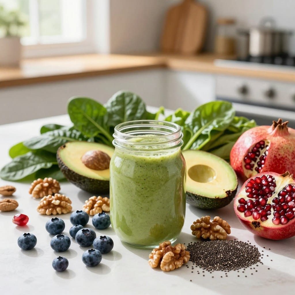 A beautifully arranged flat lay of vibrant anti-aging superfoods, showcasing ingredients like blueberries, avocados, spinach, walnuts, chia seeds, and pomegranates. In the foreground, a clear glass jar filled with a creamy, green smoothie made from these superfoods. The middle ground features fresh fruits and nuts artfully scattered around the smoothie, creating a sense of abundance. In the background, a softly blurred kitchen setting with natural wood accents and bright lighting, suggesting a warm and inviting atmosphere. Sunlight filters through a window, casting gentle highlights on the ingredients, enhancing their colors and textures. The overall mood is fresh, healthy, and uplifting, perfect for illustrating the benefits of superfoods in anti-aging smoothies.
