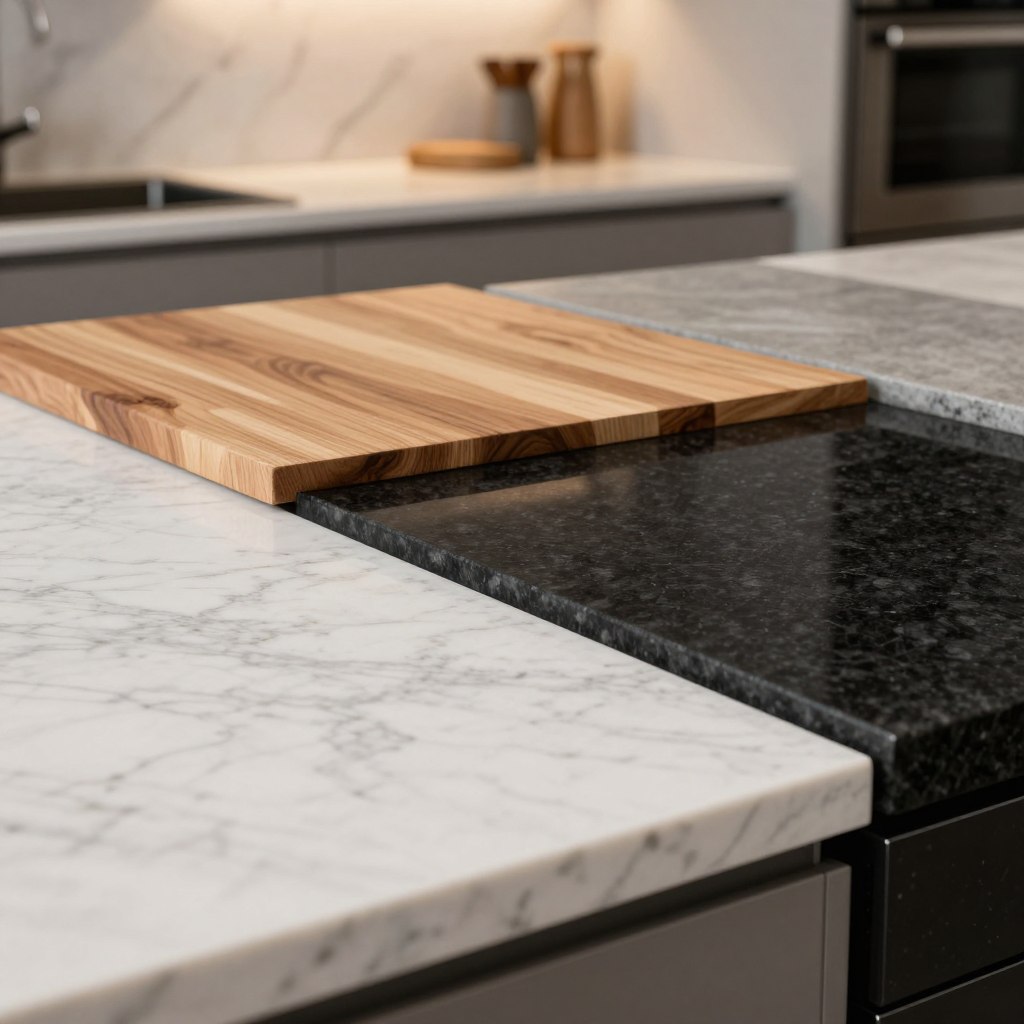 A beautifully arranged kitchen countertop showcasing a variety of materials suitable for a white oak and black kitchen. In the foreground, display a sleek quartz countertop with subtle grey veining, next to a rich black granite surface. In the middle, include a section of butcher block made from light-colored wood, contrasting with a polished concrete section. The background features soft, ambient lighting highlighting the textures of each material, with a shallow depth of field to keep the focus on the countertops. The mood should be elegant and modern, evoking a sense of sophistication and warmth, ideal for a contemporary kitchen setting.