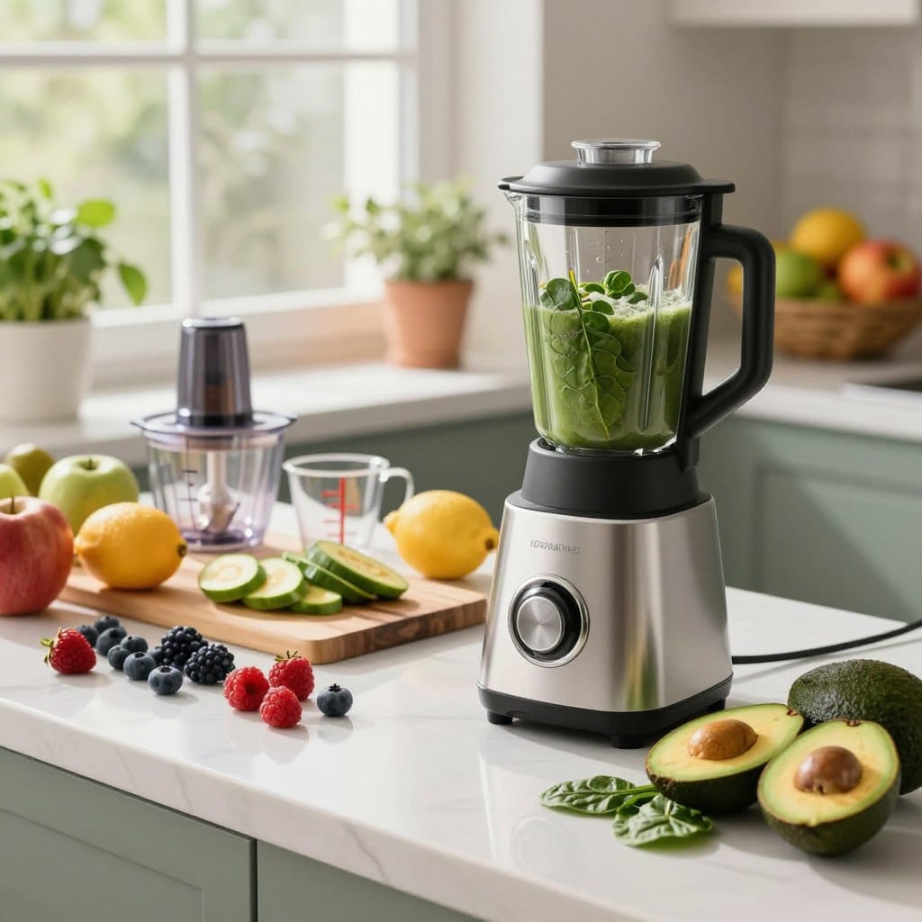A beautifully arranged kitchen countertop showcasing essential equipment for creating anti-aging smoothies. In the foreground, a sleek, high-performance blender with a glass pitcher, surrounded by vibrant, colorful ingredients like fresh berries, spinach, and avocados. In the middle ground, a cutting board with neatly sliced fruits, measuring cups, and a small food processor, all set against a backdrop of a sunlit window that casts soft, natural light. The background features potted herbs and a stylish fruit bowl, enhancing the atmosphere of health and vitality. The overall mood is fresh, inviting, and energetic, with a modern aesthetic that reflects a focus on wellness and beauty. The image is shot with a shallow depth of field to emphasize the equipment and fresh ingredients.