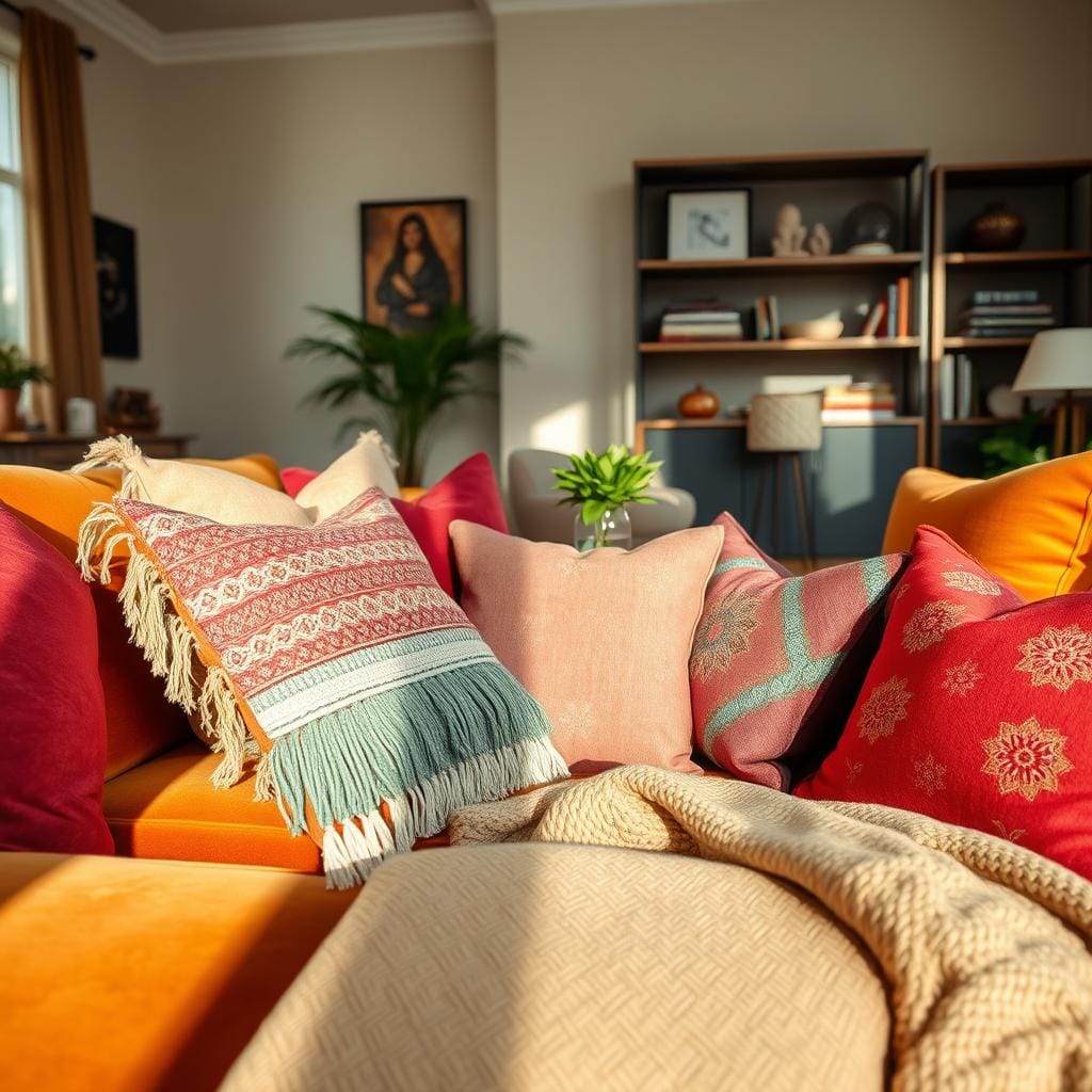 A beautifully arranged living room showcasing layered textiles in rich, vibrant colors. In the foreground, a plush velvet sofa with an array of decorative cushions in various sizes and textures: ikat, fringe, and embroidered patterns. The middle layer features a soft, patterned area rug that complements the cushions, adding warmth and visual interest. In the background, a stylish coffee table adorned with a textured throw and a small potted plant, plus a tastefully styled bookshelf displaying books and art pieces. The scene is softly illuminated by natural light streaming through a large window, creating a cozy and inviting atmosphere. The lens captures the richness of the textiles, highlighting their intricate details and inviting feel, encapsulating the essence of sophisticated yet affordable living room decor.
