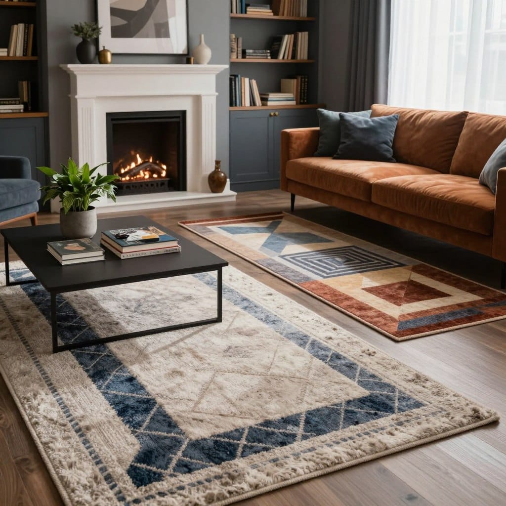 A beautifully arranged living room showcasing various strategic rug placements. In the foreground, a large, textured area rug featuring a modern geometric pattern lies beneath a stylish coffee table with decorative books and a potted plant. In the middle, another rug is placed strategically in front of a plush sofa, its warm color contrasting with the cool tones of the room’s decor. The background features a cozy fireplace flanked by bookshelves, with soft, ambient lighting creating an inviting atmosphere. Natural light streams through sheer curtains, highlighting the rug's details. Use a wide-angle lens to capture the entire scene, presenting a harmonious balance of style and comfort, with an overall mood that feels warm and welcoming.